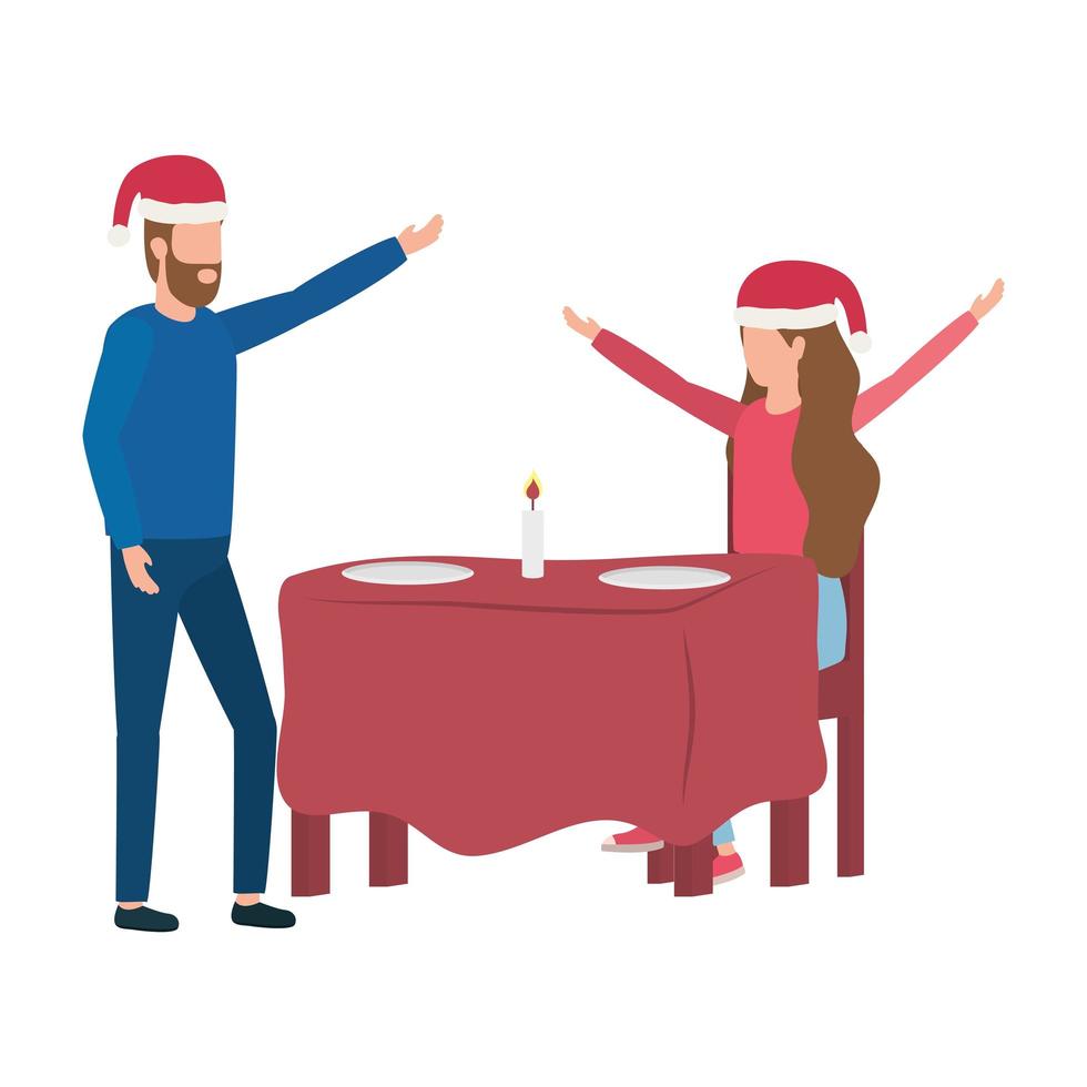 Couple d'amoureux avec chapeau de Noël à table vecteur