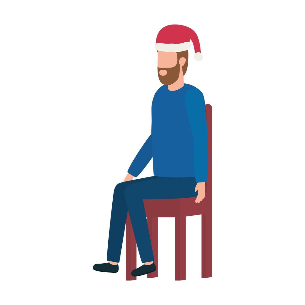 Jeune homme avec chapeau de Noël assis dans une chaise vecteur