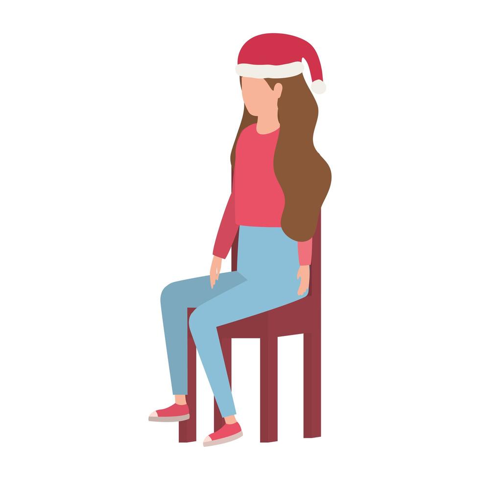 Jeune femme avec chapeau de Noël assis dans une chaise vecteur