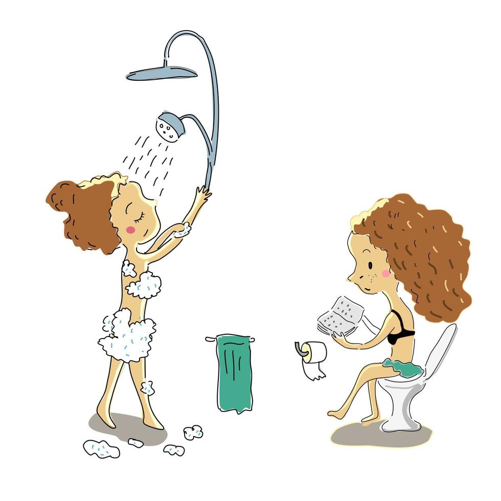 routine de fille dans le dessin animé dessiné à la main de salle de bain vecteur