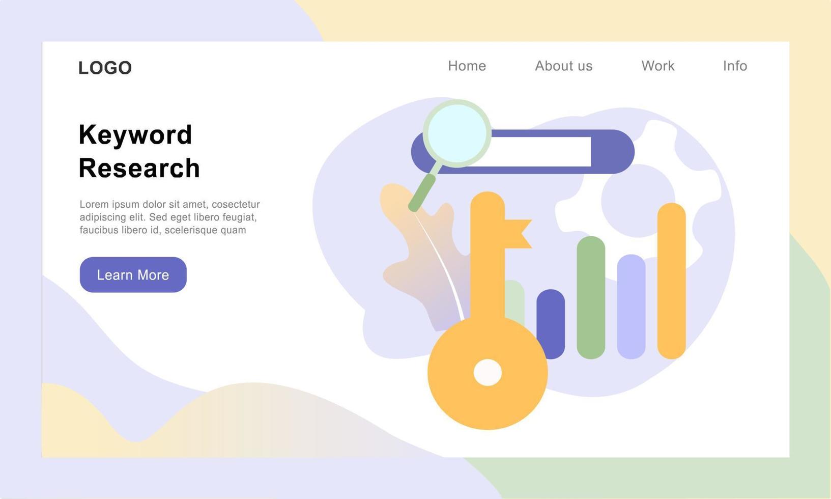 illustration vectorielle à plat de la recherche de mots clés, optimisation du classement des mots clés sur le moteur de recherche, optimisation des moteurs de recherche, processus de mot-clé seo, analyse des mots clés du site Web. conception pour modèle Web, application. vecteur