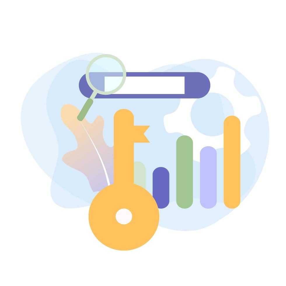 illustration vectorielle à plat de la recherche de mots clés, optimisation du classement des mots clés sur le moteur de recherche, optimisation des moteurs de recherche, processus de mot-clé seo, analyse des mots clés du site Web. conception pour modèle Web, application. vecteur