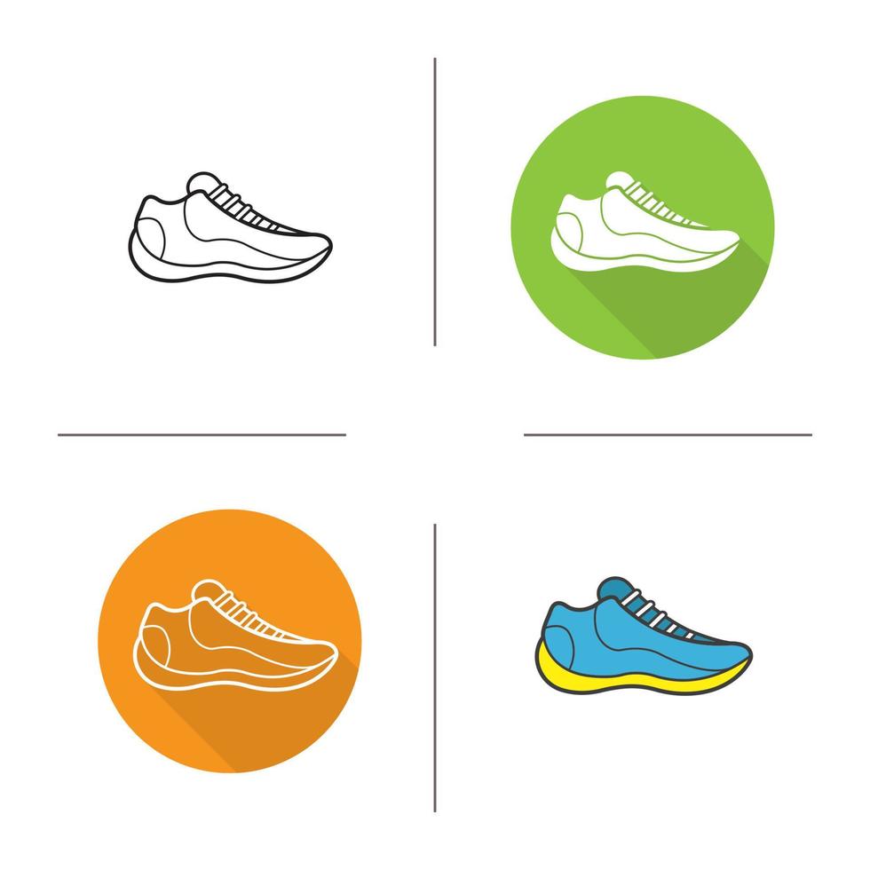 design plat de baskets, ensemble d'icônes linéaires et de couleur. chaussures de sport modernes. chaussure de sport. symboles de contour et d'ombre longue. concepts de logo de baskets. illustrations vectorielles isolées. éléments infographiques vecteur