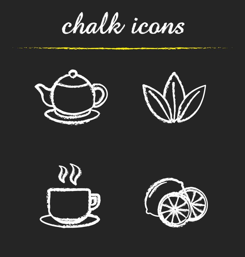 ensemble d'icônes de craie de thé. théière, feuilles de thé, tasse fumante et tranches de citron. illustrations blanches sur tableau noir. vecteur, tableau, thé, logo, concepts vecteur