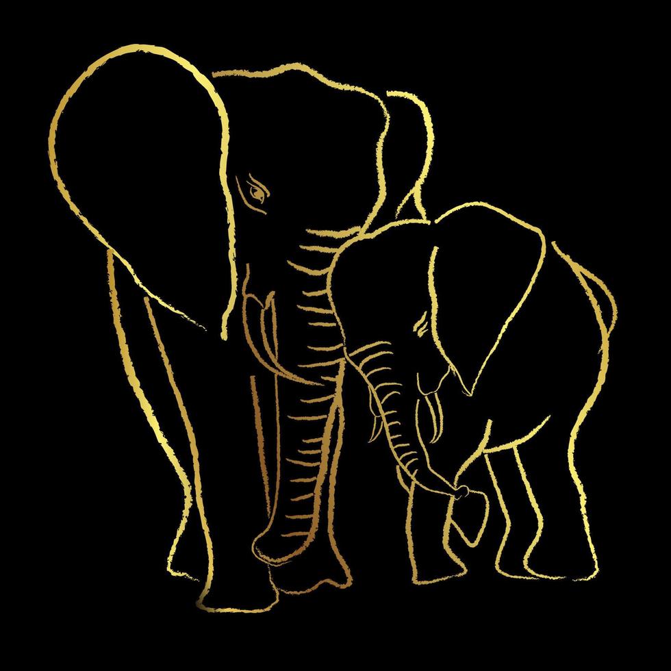 éléphants africains peinture coup de pinceau, dessin vectoriel avec bordure dorée