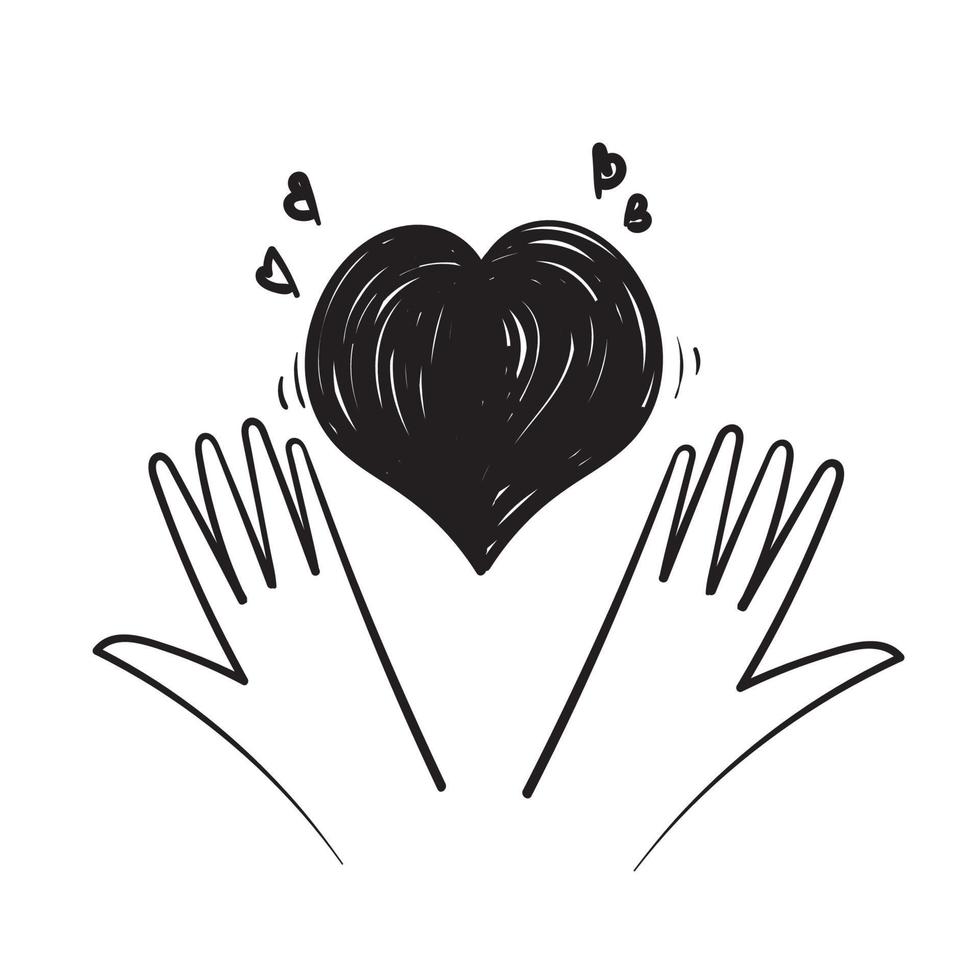 symbole de coeur d'amour dessiné à la main avec main dans la main, concept d'activité de charité et de bénévolat. campagne de soutien social et de sensibilisation. doodle d'espoir et de protection vecteur
