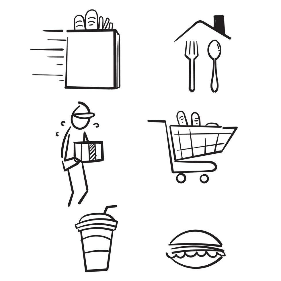 ensemble simple d'icônes de ligne vectorielle liées à la livraison de nourriture. vecteur de style doodle dessiné à la main