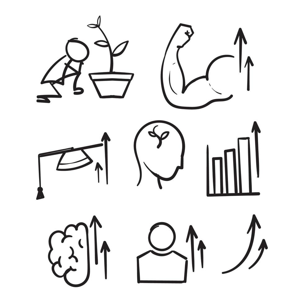 ensemble simple dessiné à la main d'icônes de ligne vectorielle liées à la croissance personnelle dans le vecteur de style doodle isolé