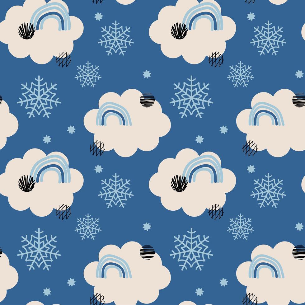 modèle sans couture abstrait hiver bleu avec des flocons de neige, nuages, arc-en-ciel. fond d'hiver de textures dessinées à la main à la mode. conception abstraite enneigée pour papier, tissu, décoration intérieure, emballage, textile vecteur