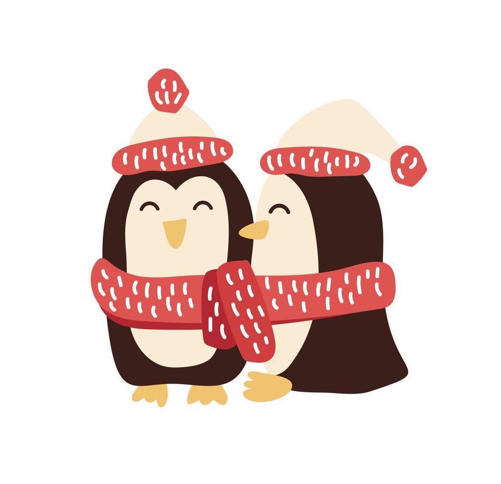 mignon vecteur de noël dessiné à la main deux pingouins. illustration d'hiver scandinave pour t-shirt bébé pépinière, vêtements pour enfants, invitation. conception simple d'enfant