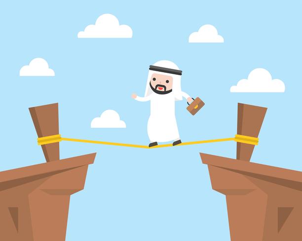 Homme d&#39;affaires arabe, marchant sur une corde à travers la falaise, concept de gestion des risques vecteur