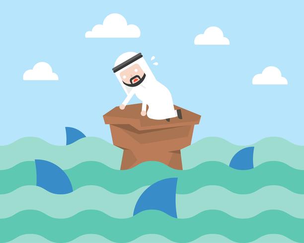 Homme d&#39;affaires arabe Nervouse entouré de requin, concept de crise vecteur