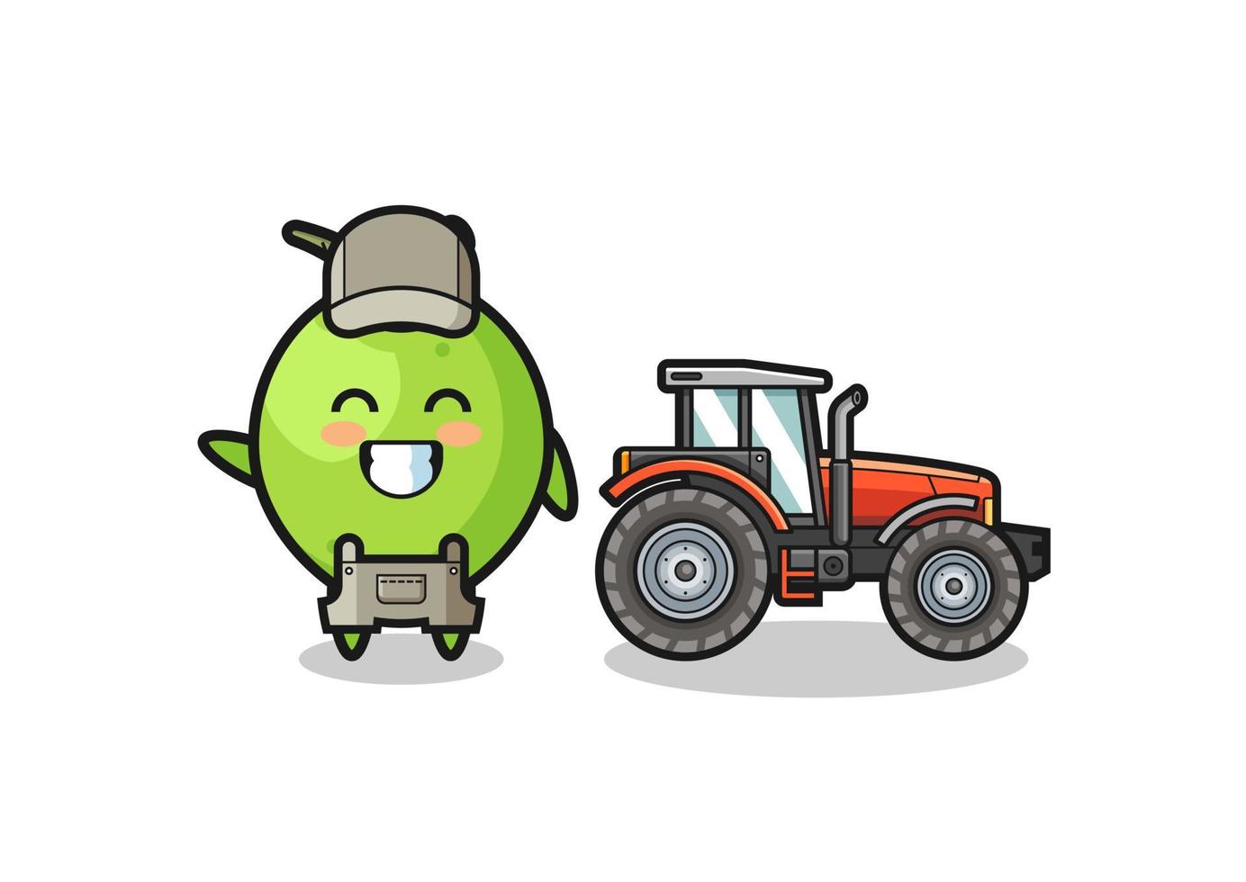 la mascotte d'agriculteur de noix de coco debout à côté d'un tracteur vecteur
