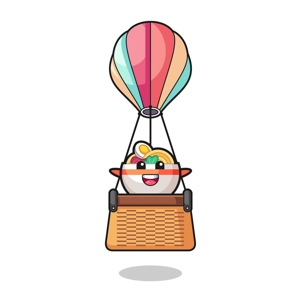 Mascotte de bol de nouilles chevauchant une montgolfière vecteur