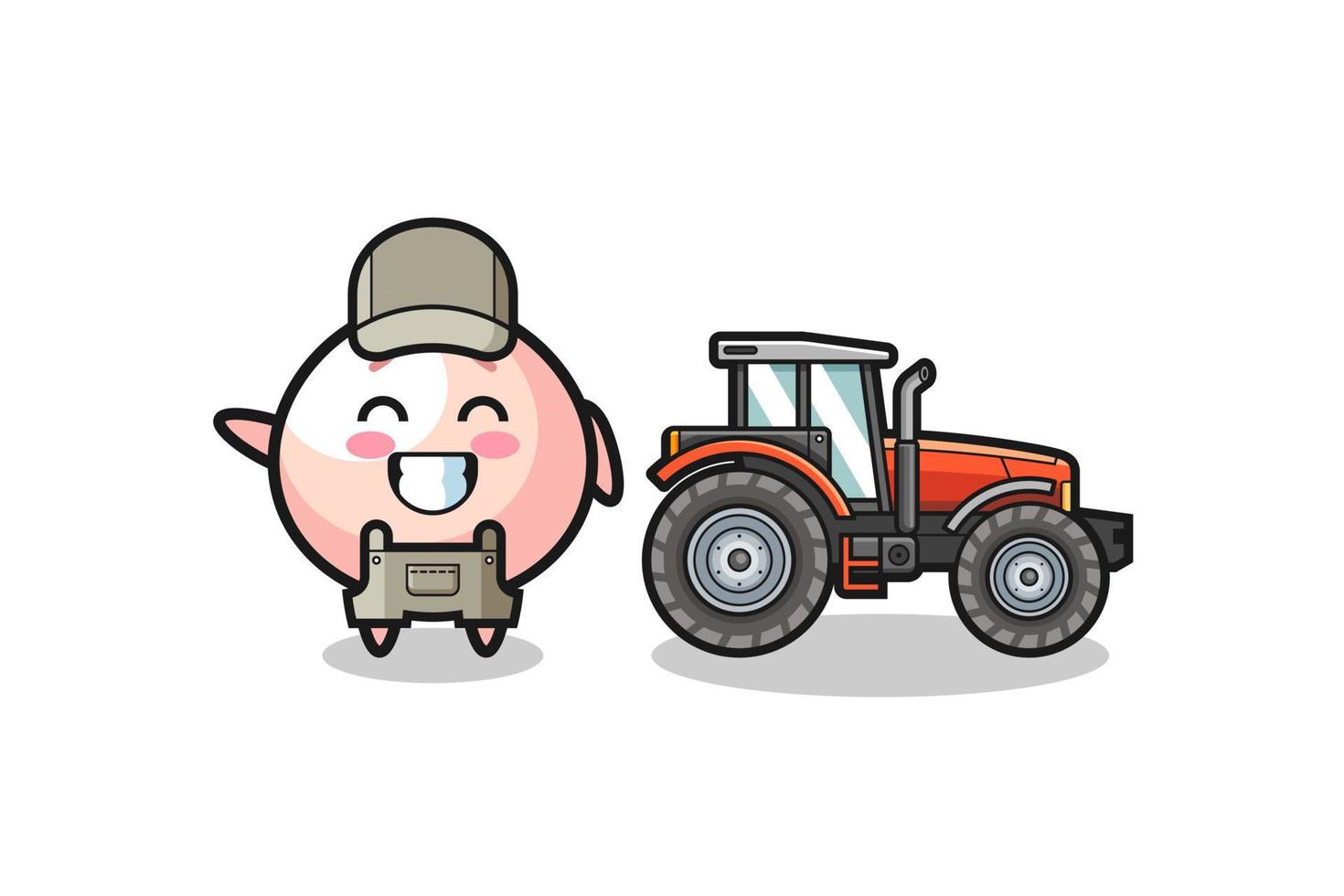 la mascotte d'agriculteur de meatbun debout à côté d'un tracteur vecteur