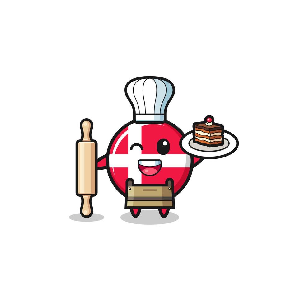 drapeau du Danemark en tant que mascotte de chef pâtissier tenir un rouleau à pâtisserie vecteur