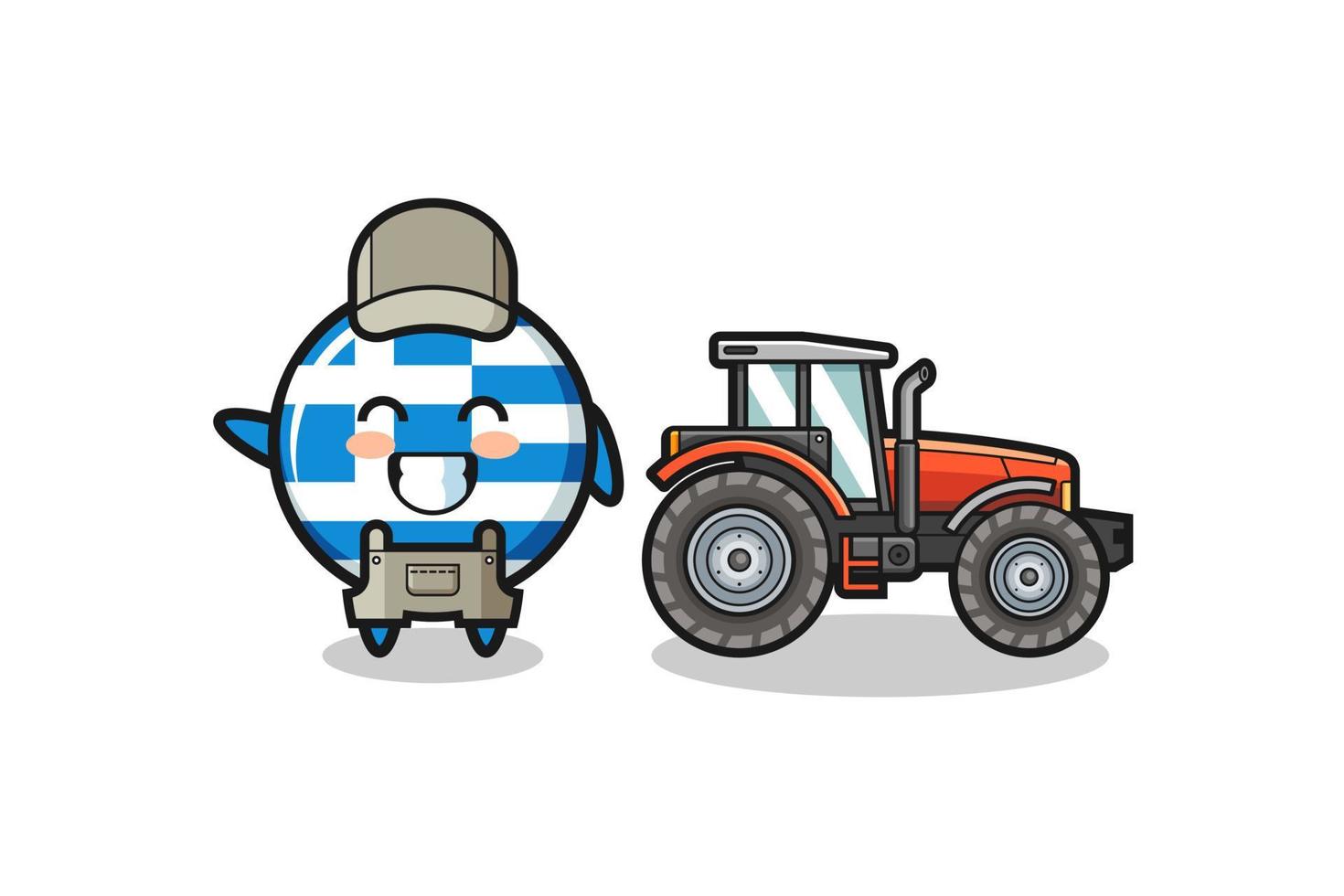 la mascotte d'agriculteur grec debout à côté d'un tracteur vecteur