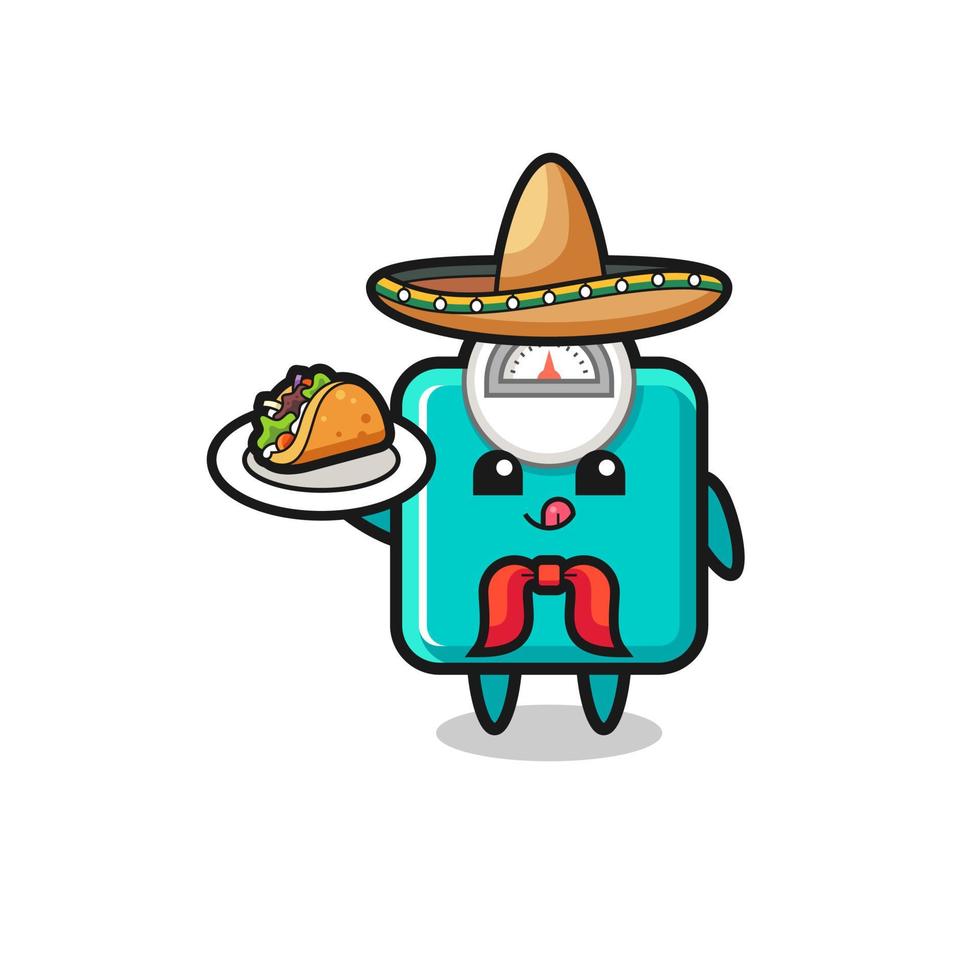 Échelle de poids mascotte de chef mexicain tenant un taco vecteur