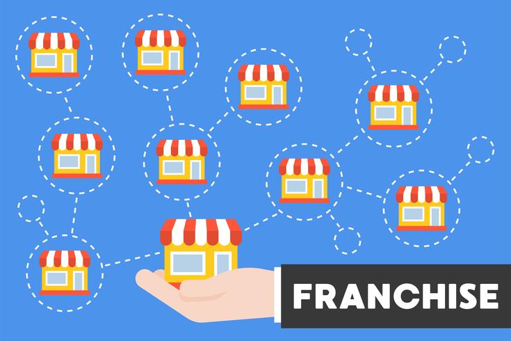 Icône de main et de magasin avec branches, franchise ou magasin vecteur