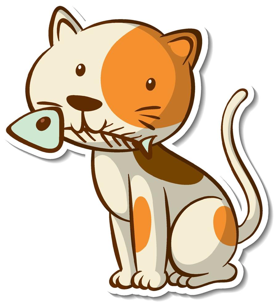 personnage de dessin animé d'un chat tenant un autocollant d'os de poisson vecteur
