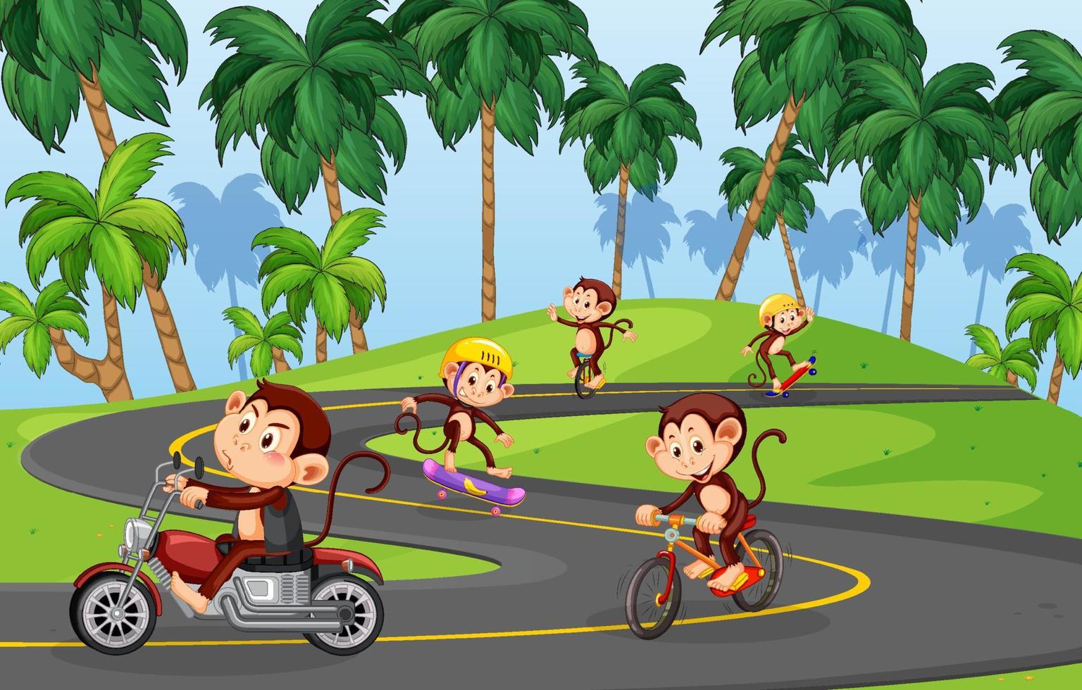 scène de route avec un personnage de dessin animé de singe vecteur