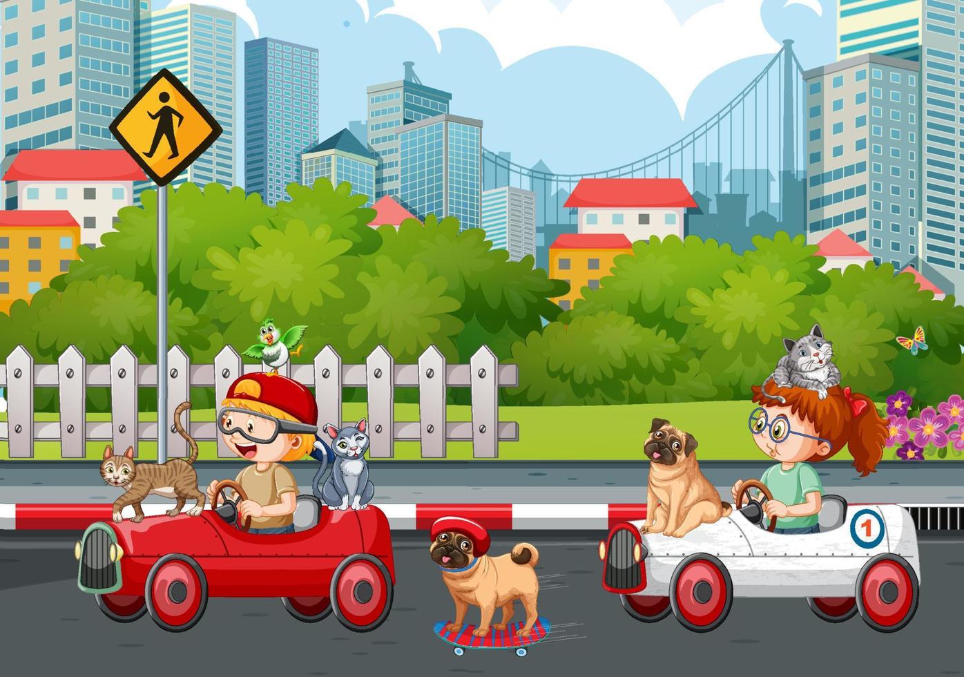 scène de rue avec un garçon conduisant une voiture avec leurs animaux vecteur