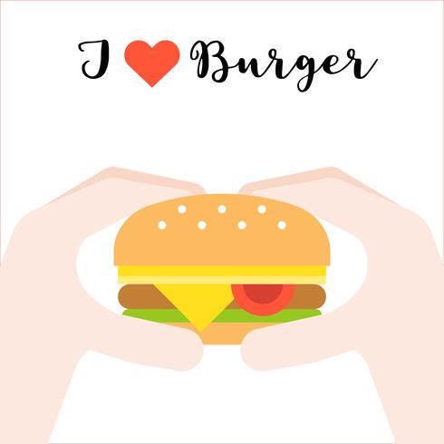 main tenant burger au fromage, j&#39;aime burger, design plat concept fast food vecteur