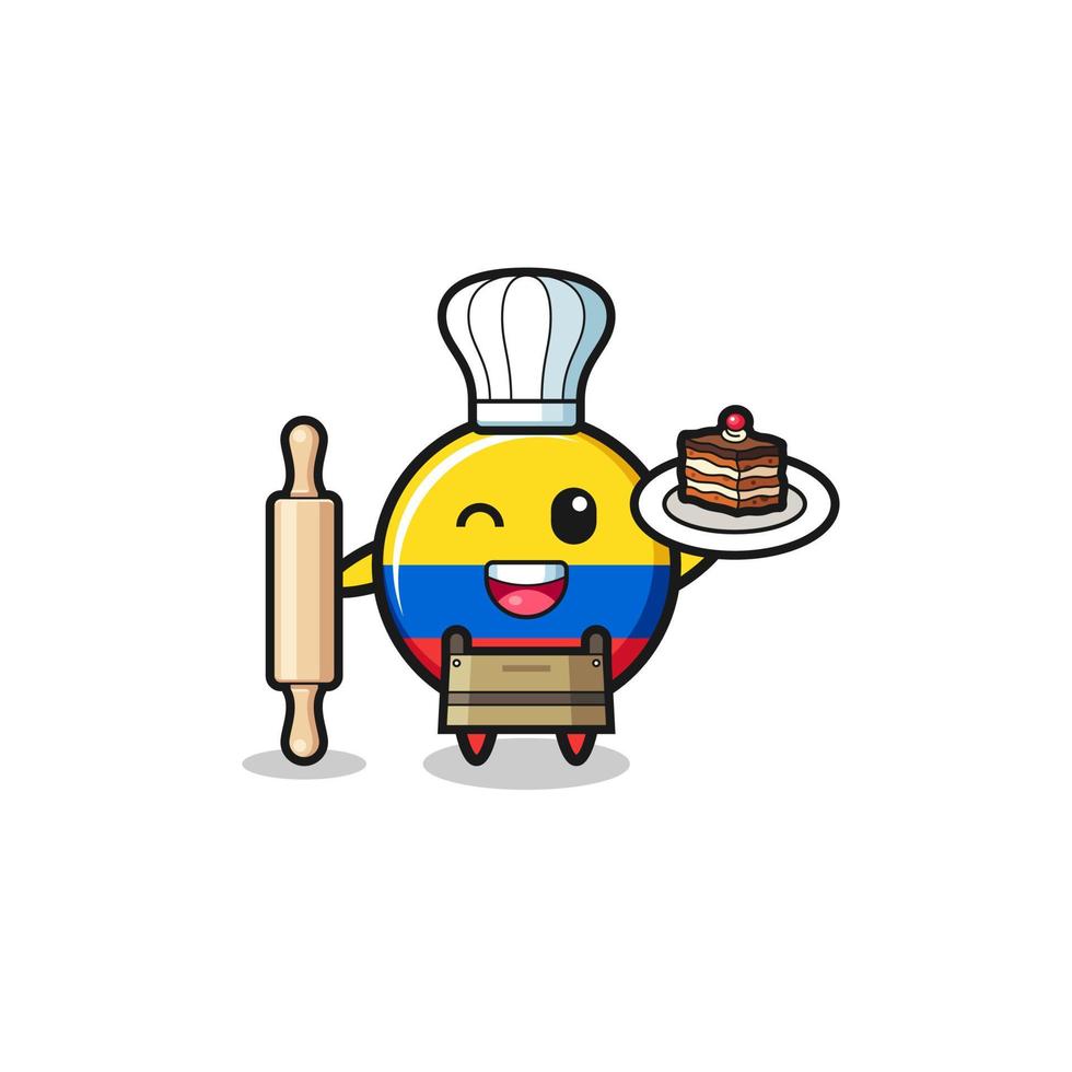 drapeau de la colombie en tant que mascotte de chef pâtissier tenir un rouleau à pâtisserie vecteur