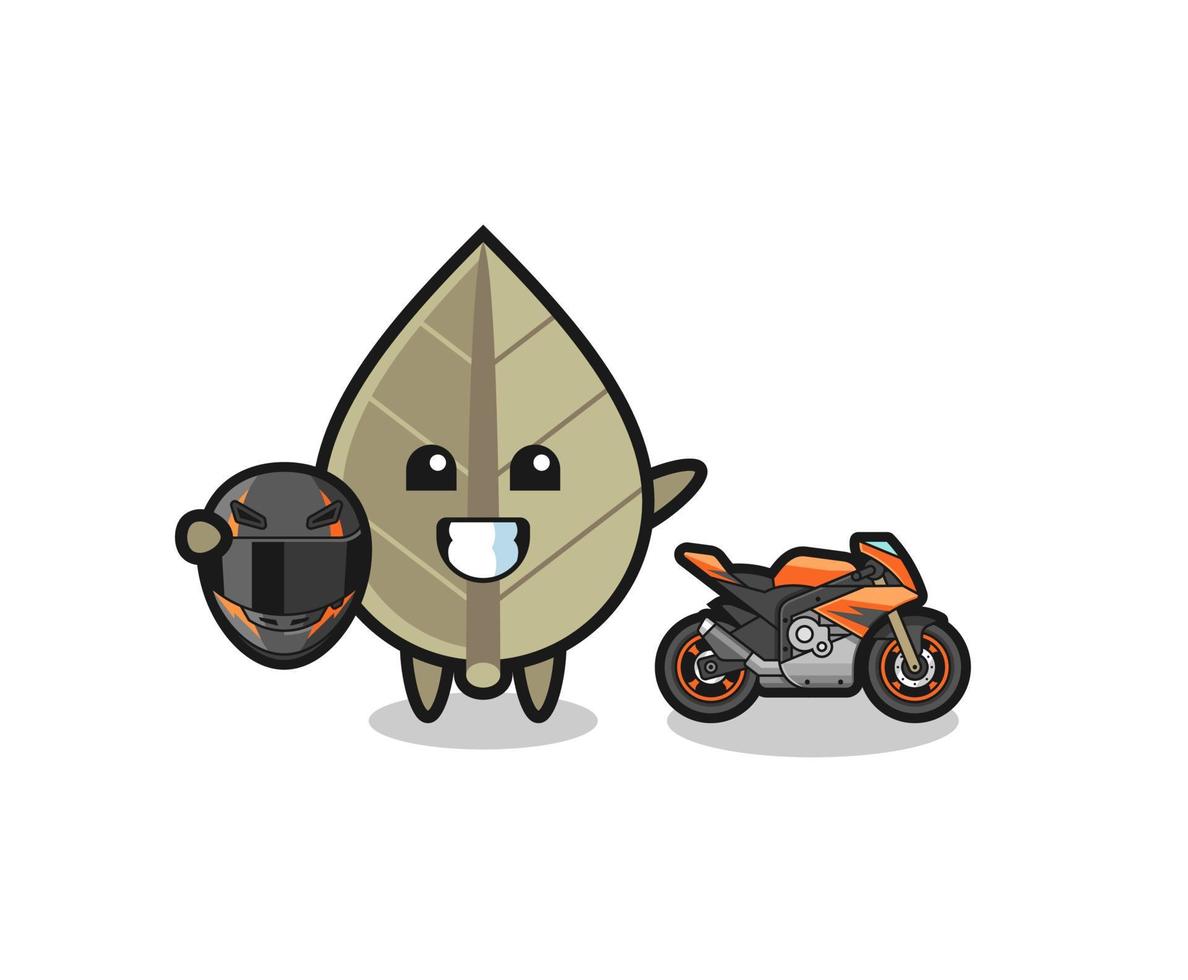 dessin animé mignon de feuilles séchées en tant que coureur de moto vecteur