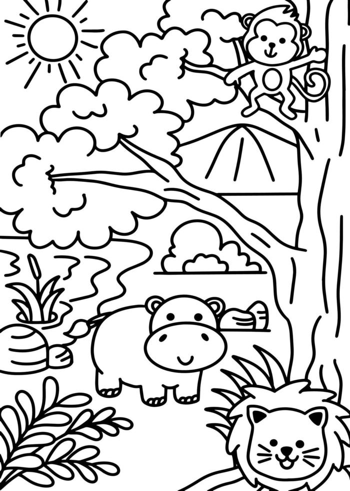 animal mignon à colorier noir blanc avec hippopotame, singe et lion dans la jungle avec illustration de style arbre et feuille vecteur