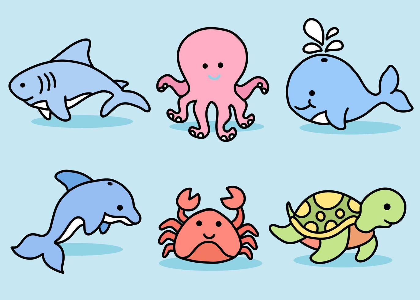 ensemble animal mignon poisson de mer océan dessin animé poisson, requin, crabe, tortue, puffer, calmar, poulpe, baleine, illustration de la collection de coryphènes vecteur