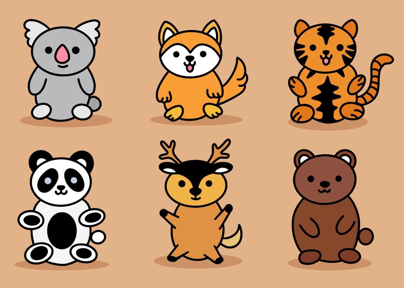 ensemble d'animaux mignons koala, cerf, ours, tigre, chien, dessin animé d'art en ligne panda vecteur