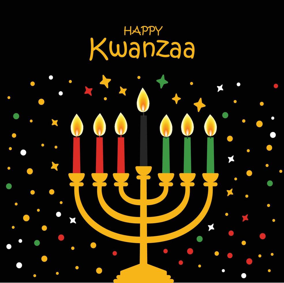 Happy kwanzaa vector illustration plate sur fond noir foncé avec des confettis. carte de conception mignonne de célébration africaine.