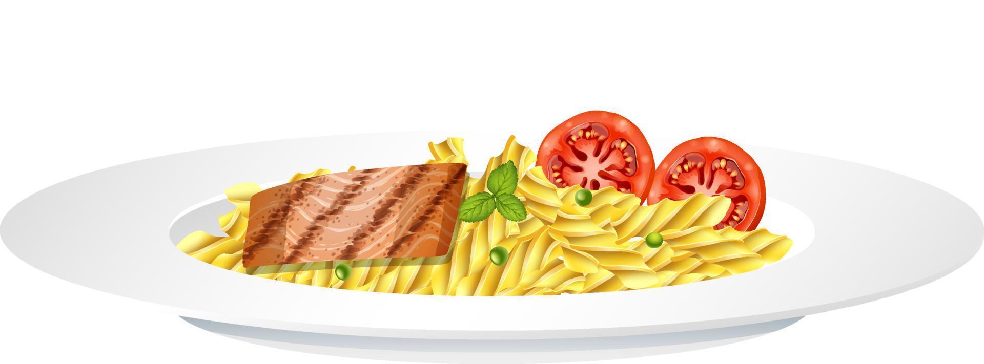 pâtes fusilli avec steak de poisson et tomate vecteur