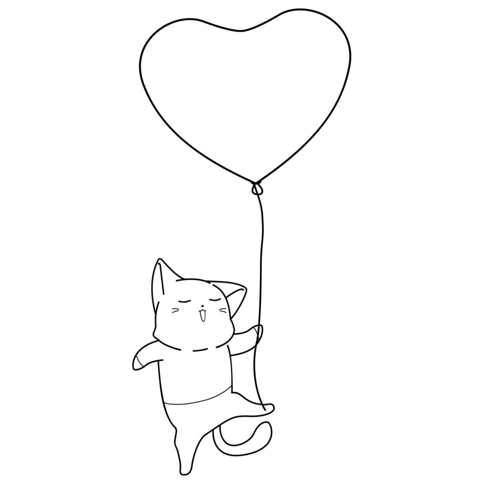 contour de dessin animé chat et coeur vecteur