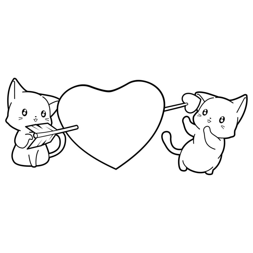 contour de dessin animé chat et coeur vecteur