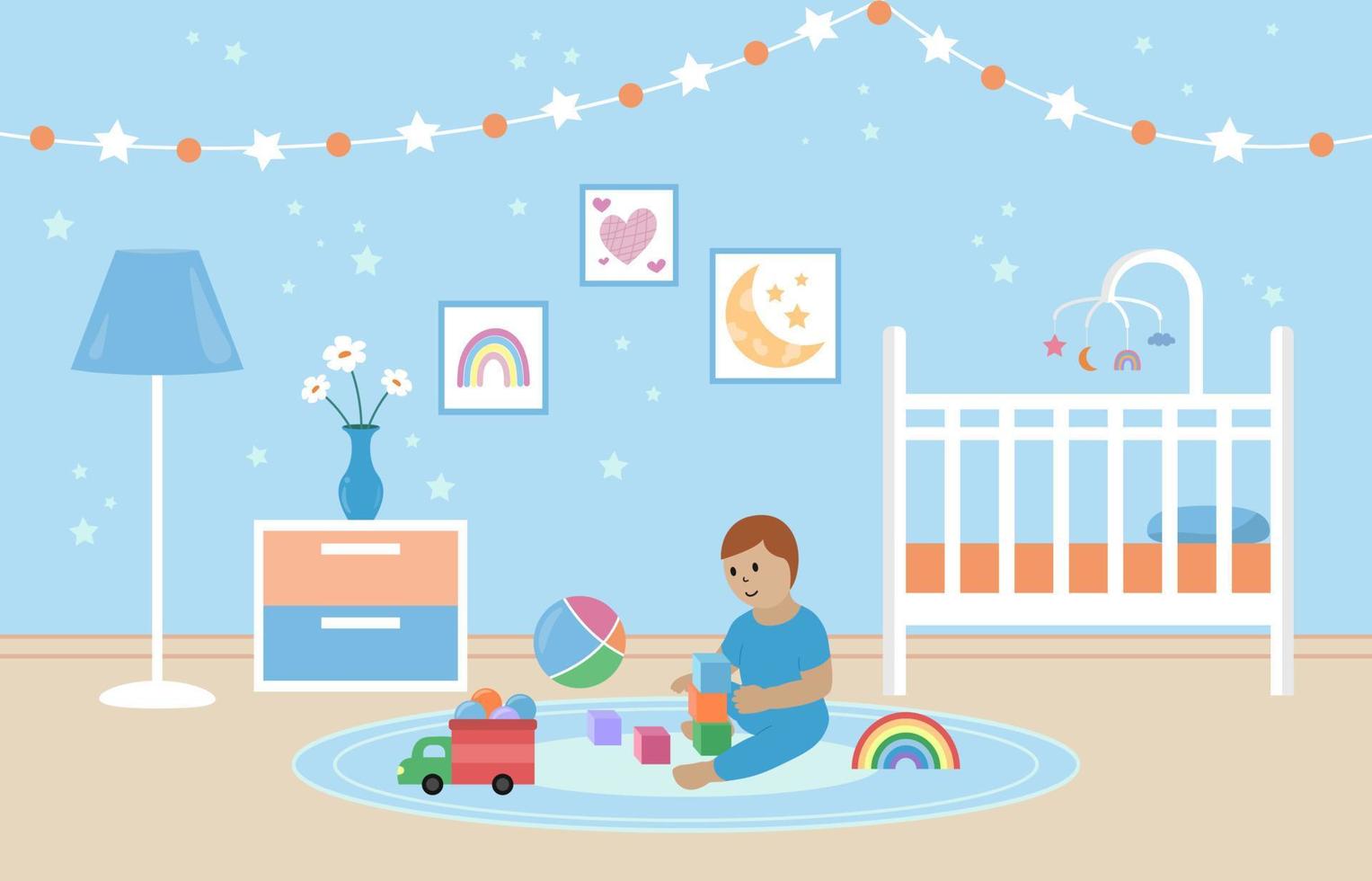 bébé jouant avec des jouets dans la chambre. intérieur de la chambre de bébé. berceau blanc avec carrousel pour enfant. décorations au mur et jouets au sol. illustration de plat de vecteur
