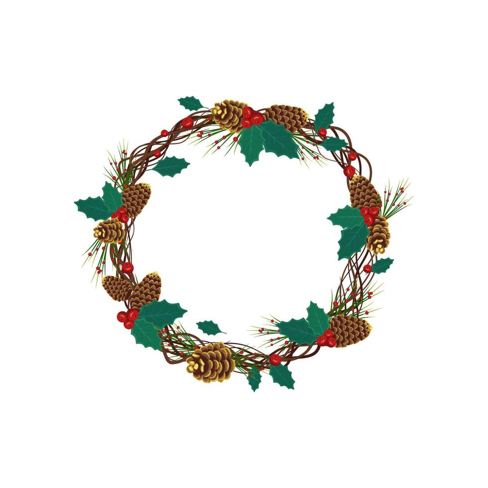 couronne de noël ronde de branches de sapin avec cônes dorés, feuilles et baies de houx, aiguilles de pin. décoration festive pour le nouvel an et décoration intérieure vecteur