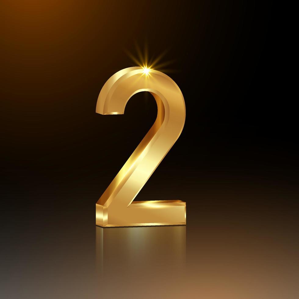 Numéro d'or 3d deux, 2, fond de célébration d'anniversaire de 2e année vectorielle, concept de deuxième position, logo d'or isolé sur un modèle carré noir vecteur