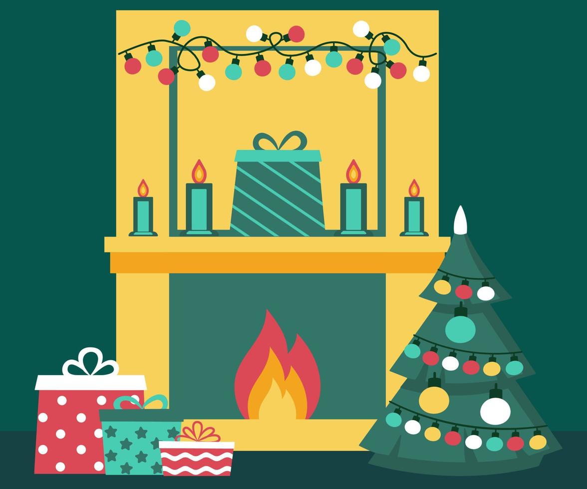 cheminée de noël, intérieur de maison confortable de vacances. ambiance du nouvel an. décoration de la chambre avec sapin de noël, cadeaux, cheminée, bougies, guirlande. illustration vectorielle vecteur