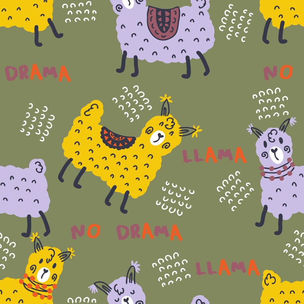 doodle motif harmonieux avec des lamas mignons et du texte sans lama dramatique. vecteur