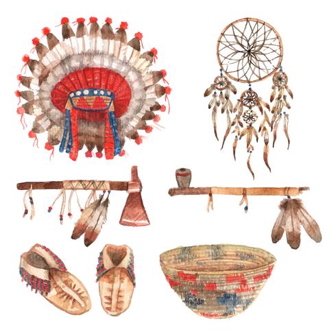Pictogrammes d&#39;objets autochtones américains mis à l&#39;aquarelle vecteur