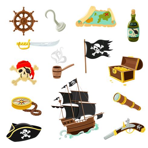 Pirate accessoires plats icônes définies vecteur