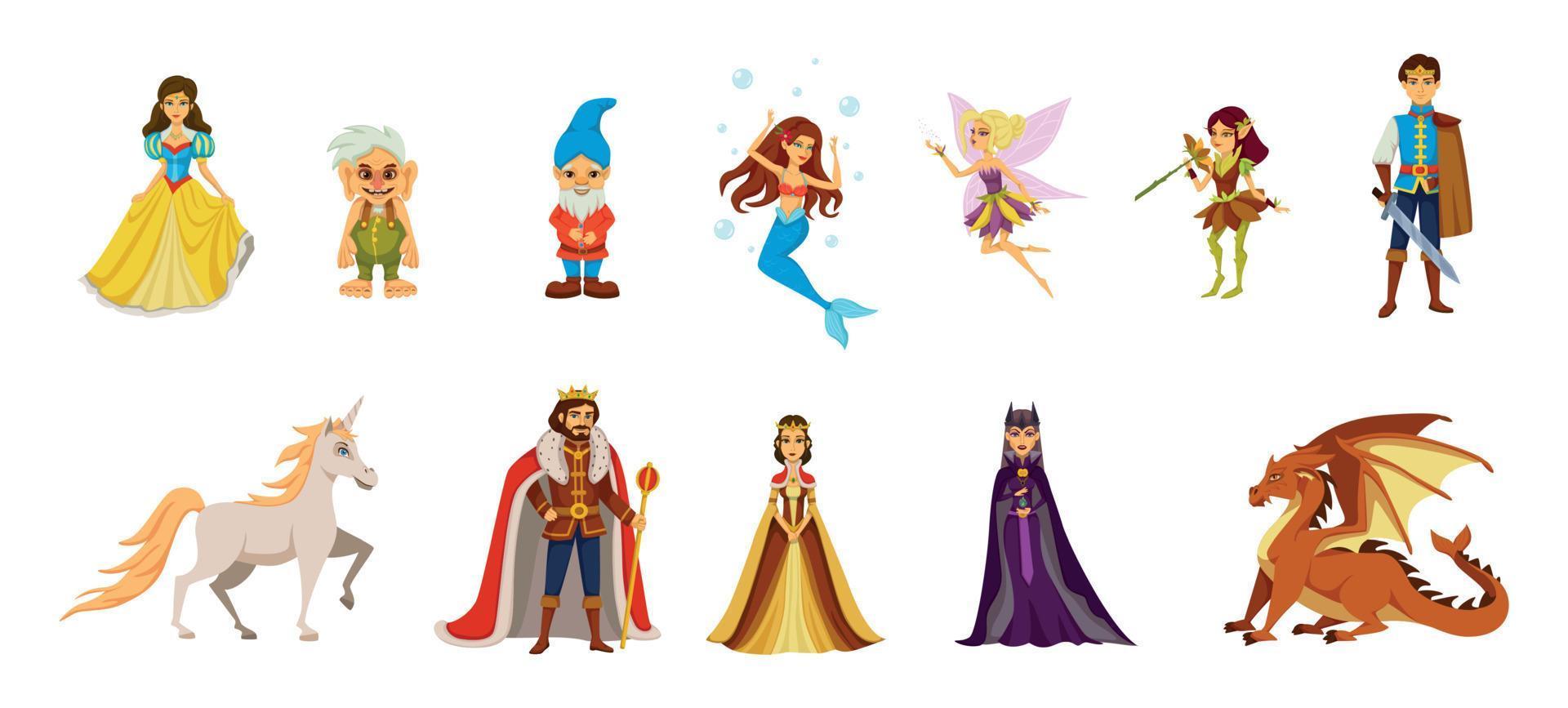 jeu d'icônes de dessin animé de personnages de conte de fées vecteur