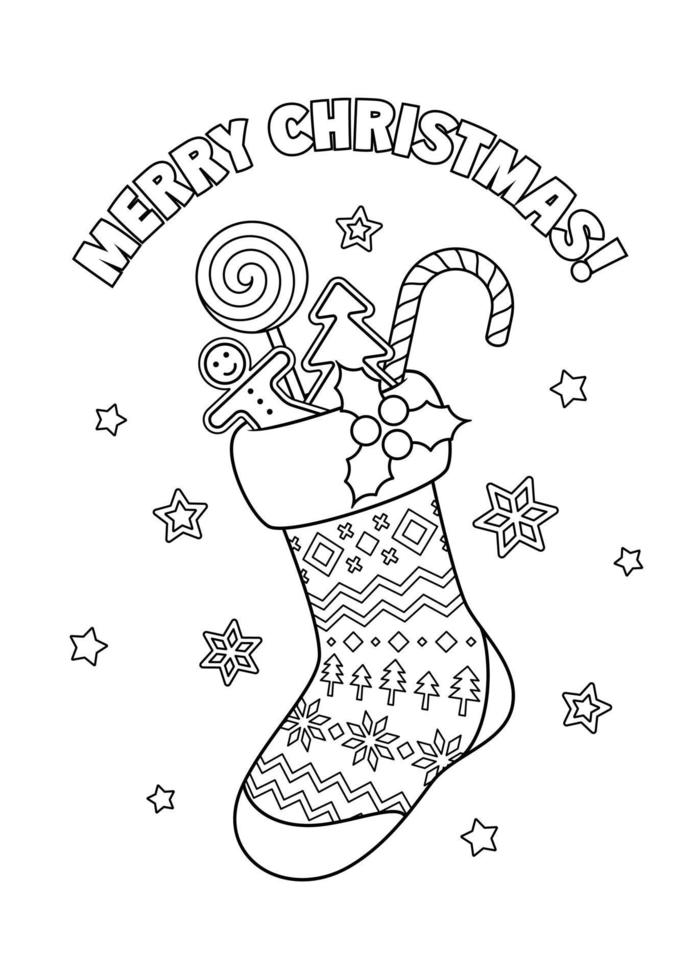chaussette de noël avec des bonbons et des salutations. illustration vectorielle de dessin animé pour la page du livre de coloriage. vecteur