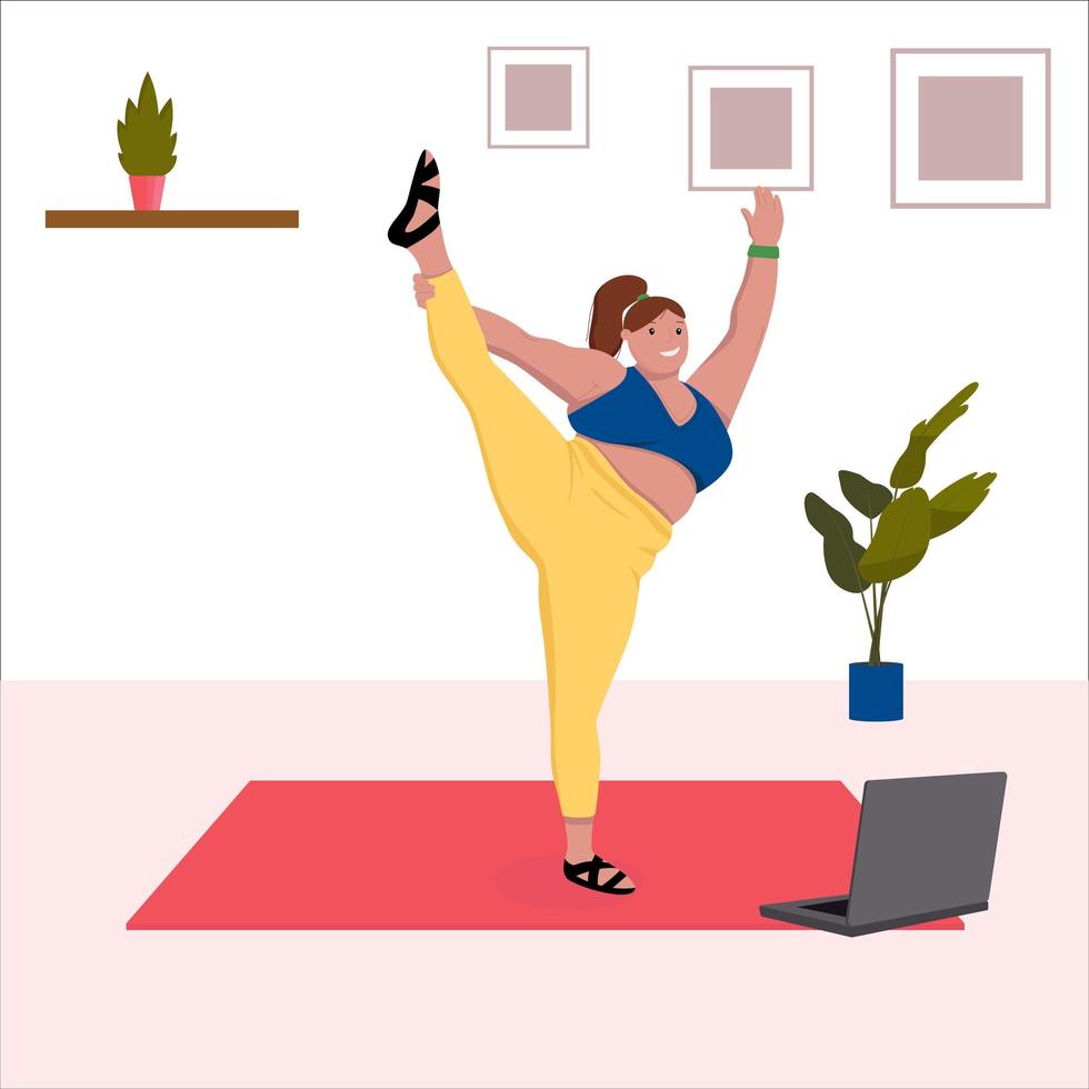 femme de taille plus faisant du yoga. yoga en ligne. illustration vectorielle plane vecteur