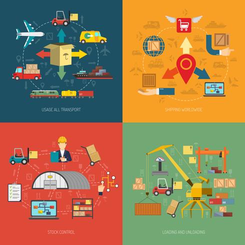 Bannière carrée logistique 4 icônes plat vecteur