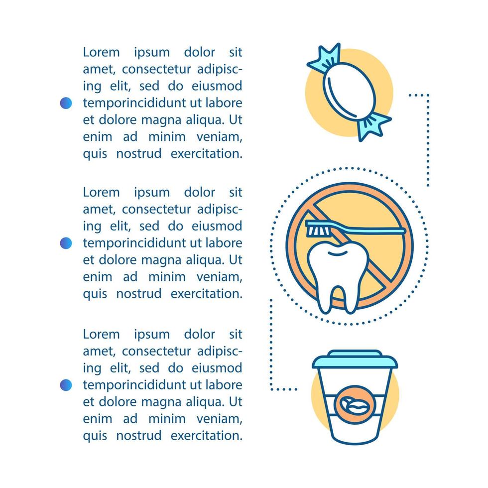 la carie provoque un modèle vectoriel de page d'article. aliments nocifs pour les dents. brochure, magazine, élément de conception de livret avec icônes linéaires et zones de texte. design d'impression. illustrations de concept avec espace de texte