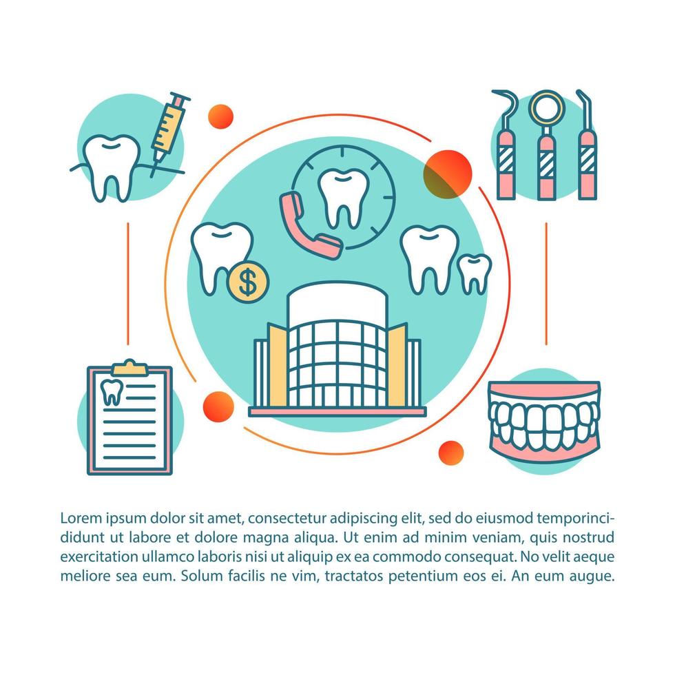 modèle vectoriel de page d'article de clinique dentaire. services de stomatologie. brochure, magazine, élément de conception de livret avec icônes linéaires et zones de texte. design d'impression. illustrations de concept avec espace de texte
