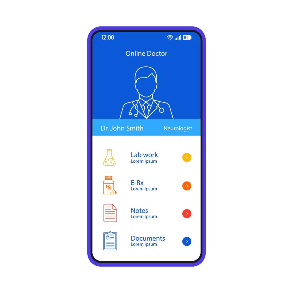 modèle vectoriel d'interface de smartphone de profil de médecin en ligne. disposition de conception bleue de page d'application mobile. rendez-vous virtuel, consultation, écran de prescription de médicaments. interface utilisateur plate pour l'application. affichage du téléphone